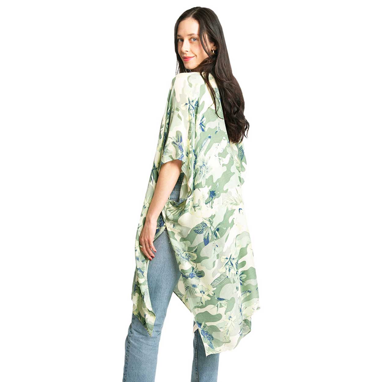 Green Floral Print Cover Up Kimono Poncho, The lightweight Kimono poncho top is made of soft and breathable Viscose material. short sleeve swimsuit cover up with open front design, simple basic style, easy to put on and down. Perfect Gift for Wife, Mom, Birthday, Holiday, Anniversary, Fun Night Out.