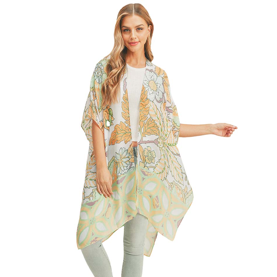Green Flower Leaf Print Cover-Up Kimono Poncho, Absolutely fab for this summer & spring season to amp up your attire & make you comfortable in dressing up. These kimonos feature a beautiful flower leaf pattern that is easy to pair with so many tops. Lightweight and breathable fabric, comfortable to wear.