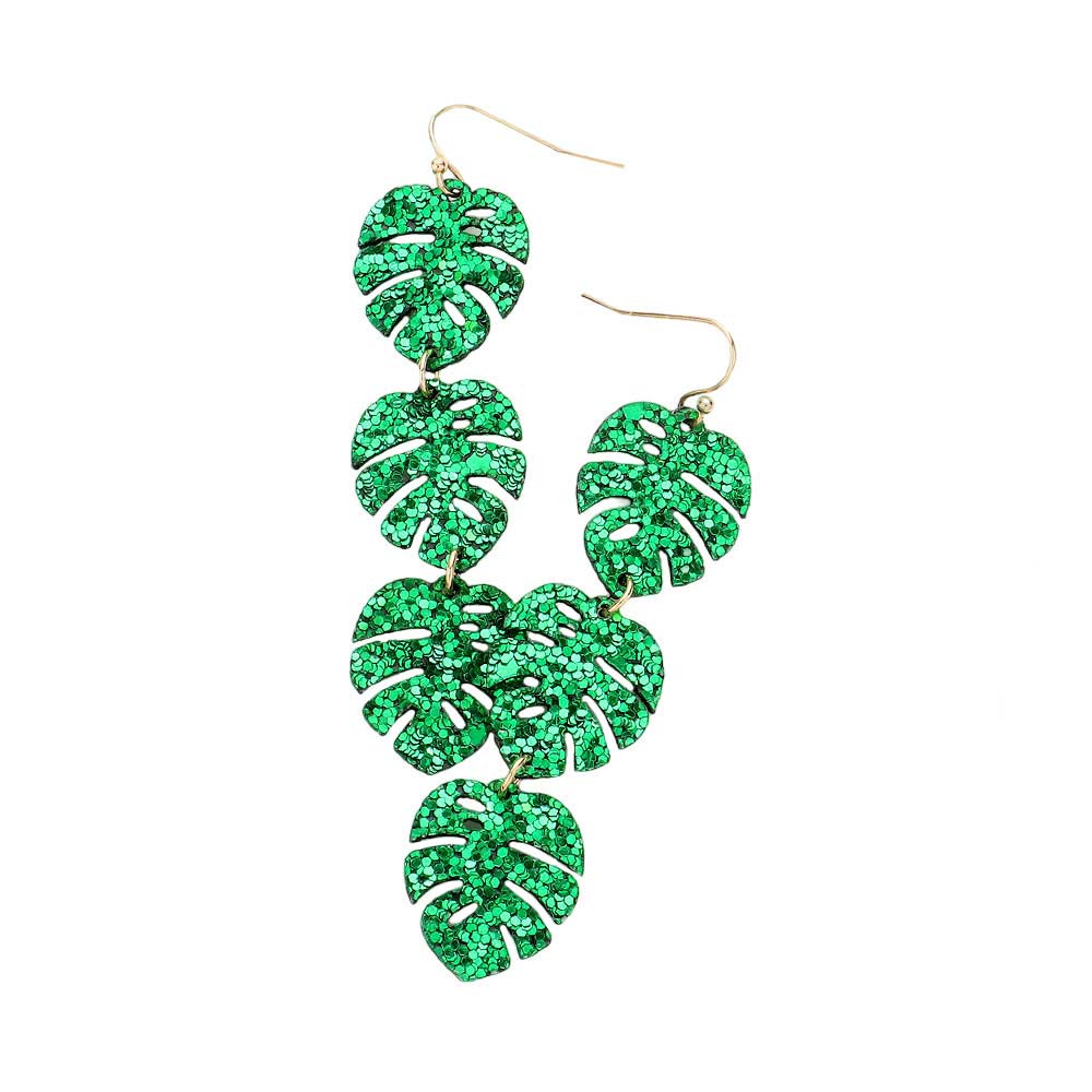 Green Glittered Triple Tropical Leaf Link Dangle Earrings, are beautifully designed on a flower & leaf theme to put on a pop of color and complete your ensemble. Perfect gift for Anniversaries, birthdays, Graduation, etc. Show off your trendy choice & perfect combination with these beautiful earrings.