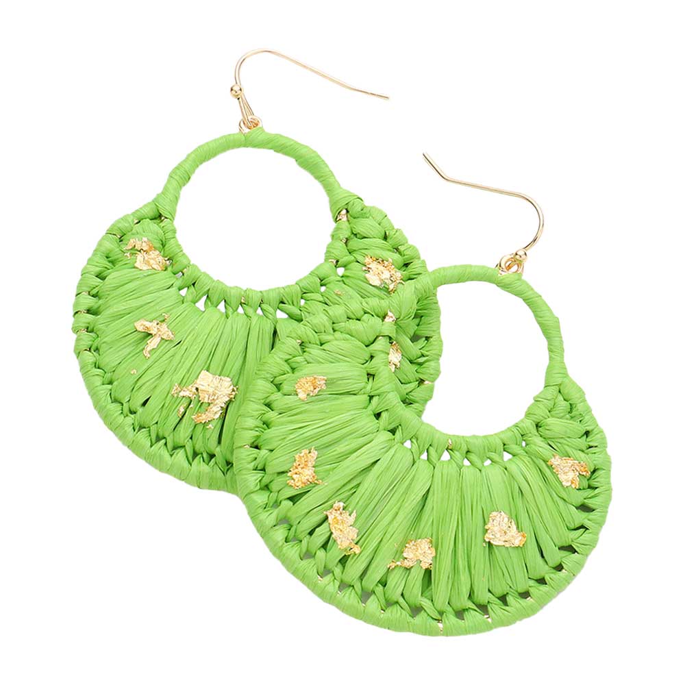 Green Gold Paint Splash Raffia Wrapped Dangle Earrings, enhance your attire with these beautiful raffia-wrapped dangle earrings to show off your fun trendsetting style. It can be worn with any daily wear such as shirts, dresses, T-shirts, etc. These dangle earrings will garner compliments all day long. Whether day or night, on vacation, or on a date, whether you're wearing a dress or a coat, these earrings will make you look more glamorous and beautiful.