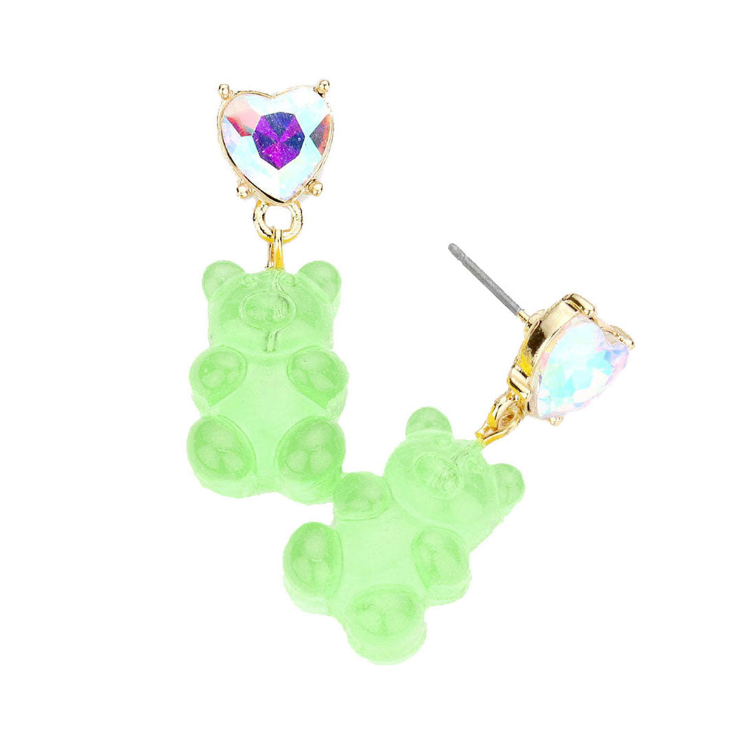 Green Heart Stone Gummy Bear Dangle Earrings. Jewelry that fits your lifestyle! Perfect Birthday Gift, Anniversary Gift, Mother's Day Gift, Anniversary Gift, Graduation Gift, Prom Jewelry, Just Because Gift, Thank you Gift.