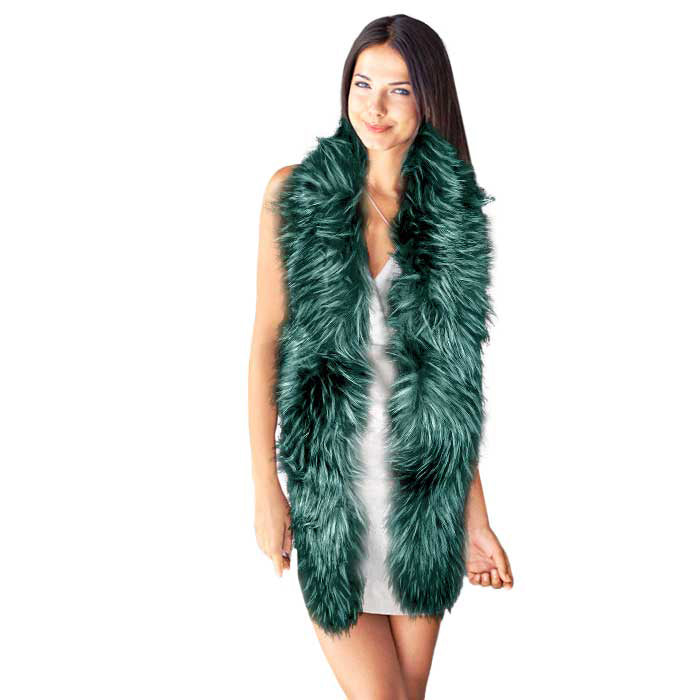 Green Long Faux Furry Layover Scarf, accent your look with this soft, highly versatile layover scarf. It gives a lot of options to dress up your attire. It goes well with everything from jeans and a tee to work trousers and a sweater.  Soft, comfy, trendy, and beautiful that can keep you perfectly warm and gorgeous at the same time. A great wardrobe staple.