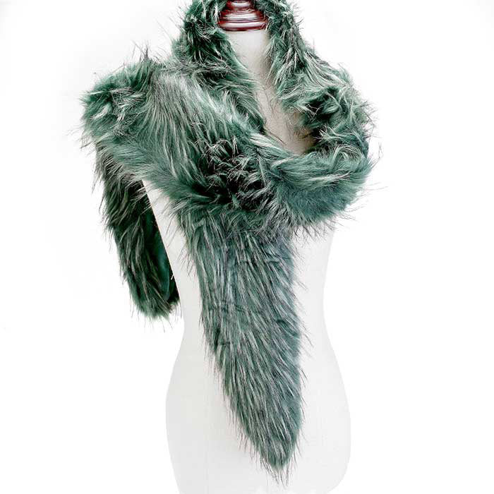 Green Long Faux Furry Layover Scarf, accent your look with this soft, highly versatile layover scarf. It gives a lot of options to dress up your attire. It goes well with everything from jeans and a tee to work trousers and a sweater.  Soft, comfy, trendy, and beautiful that can keep you perfectly warm and gorgeous at the same time. A great wardrobe staple.