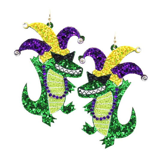 Green Mardi Gras Glittered Crocodile Dangle Earrings, are beautifully designed with a polished finish and lifelike details. It will add a unique attraction to your attire & draw attention to you on Mardi Gras. This Mardi Gras-themed finely crafted jewelry is an unforgettable, unique gift for women. The crocodile earrings are perfect for a Holiday gift, Mardi Gras, Anniversary gift,  Birthday gift, or Valentine's Day gift for a woman or girl of any age.