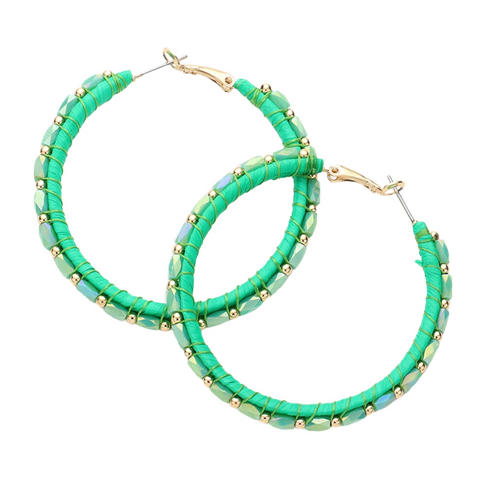 Green Metal Ball Rectangle Bead Trimmed Raffia Hoop Earrings, enhance your attire with these beautiful raffia earrings to show off your fun trendsetting style. Get a pair as a gift to express your love for any woman person or for just for you on birthdays, Mother’s Day, Anniversary, Holiday, Christmas, Parties, etc.