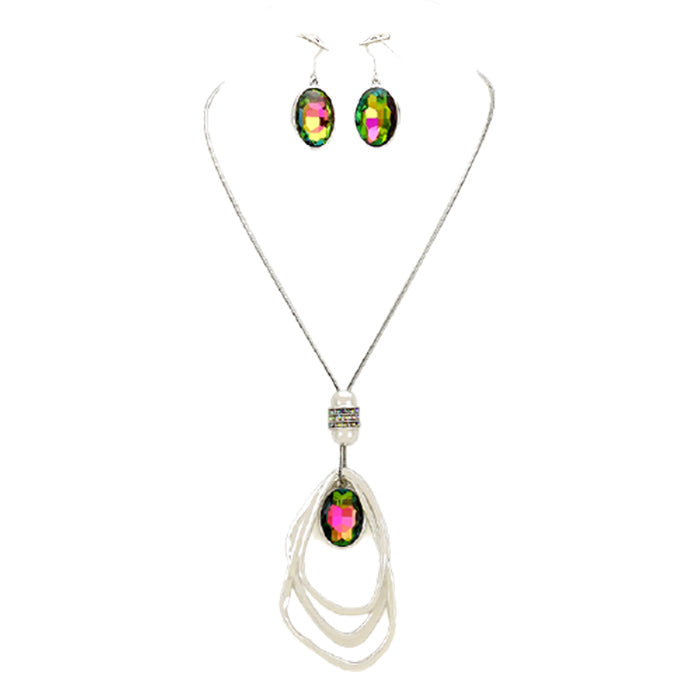 Green Oval Glass Crystal Triple Abstract Hoop Necklace with earrings set; exquisite beautifully crafted charms add a gorgeous glow to any outfit. Perfect Birthday Gift, Anniversary Gift, Mother's Day Gift, Anniversary Gift, Graduation Gift, Prom Jewelry, Just Because Gift, Thank you Gift, Keepsake Gift, Mom Gift