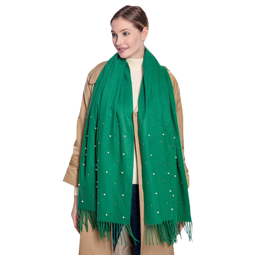Green Pearl Embellished Solid Oblong Scarf, delicate, These Winter scarfs for women are elegant, and lightweight and can be added to any outfit to keep up with the latest color trends. Warm, on-trend & fabulous, a luxe addition to any cold-weather ensemble. Lovely pearl decoration makes you look chic and fashionable.