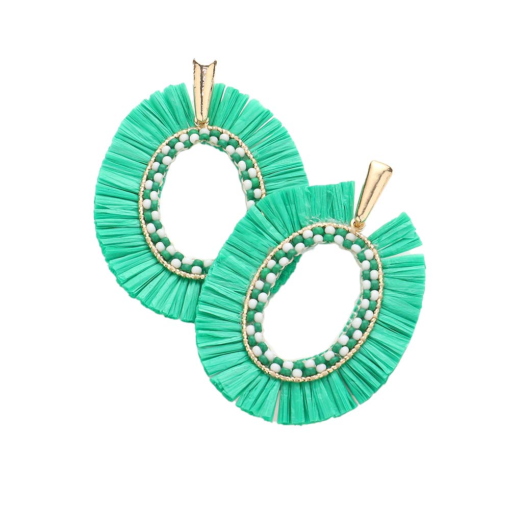 Green Raffia Trimmed Open Oval Dangle Earrings, enhance your attire with these beautiful open oval dangle earrings to show off your fun trendsetting style. Can be worn with any daily wear such as shirts, dresses, T-shirts, etc. These raffia dangle earrings will garner compliments all day long. Whether day or night, on vacation, or on a date, whether you're wearing a dress or a coat, these earrings will make you look more glamorous and beautiful.