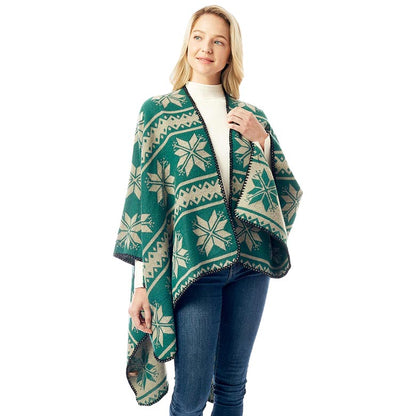 Green Reversible Snowflake Pattern Ruana, enrich your beauty with confidence with this nicely knitted poncho. You can stand out with the contrast of different outfits. Snowflake patterned with beautiful design gives a unique decorative and attractive modern look that makes your day with memorable moments. Match perfectly with jeans and T-shirts or a vest. Absolutely a stylish eye-catcher and will become one of your favorite accessories quickly.