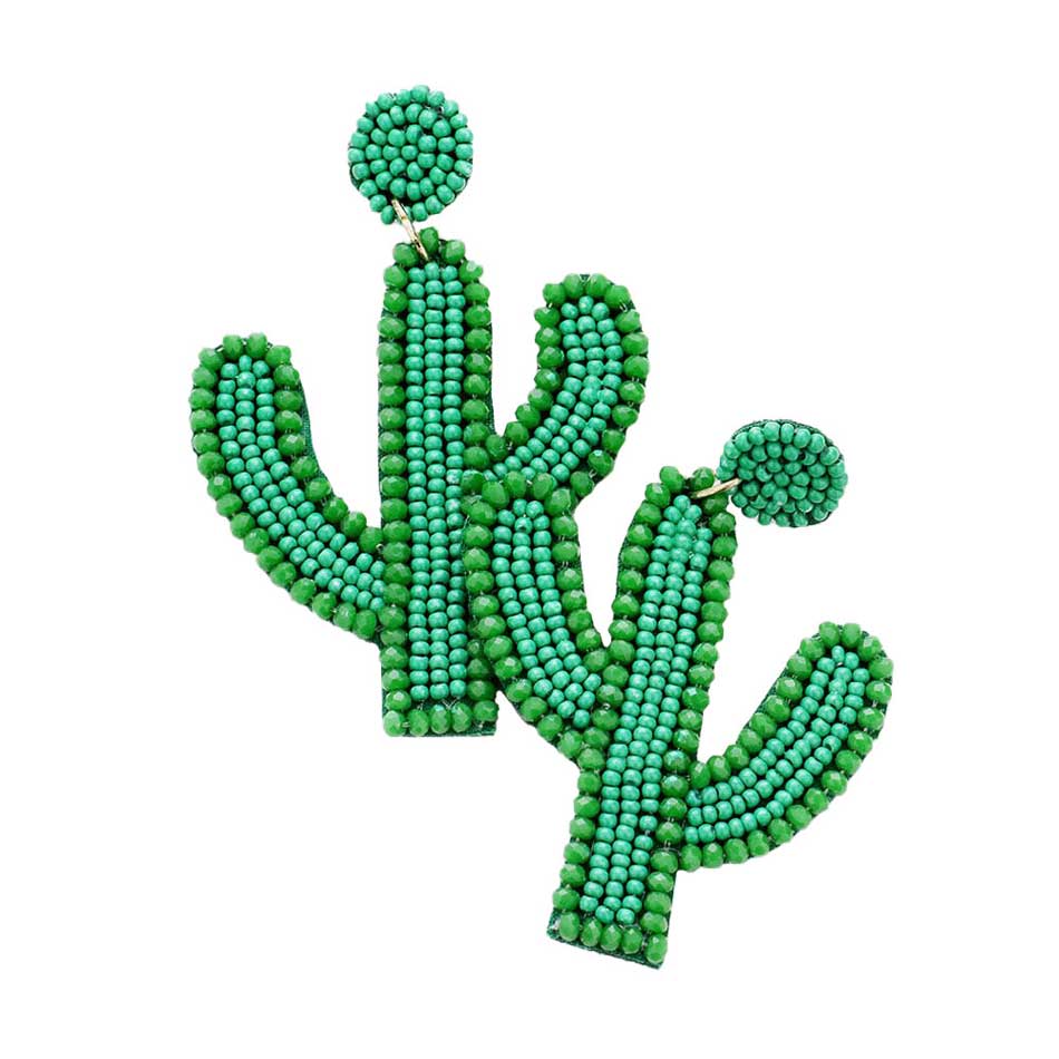 Green Seed Bead Cactus Earrings. Take your love for statement accessorizing to a new level of affection with these seed beaded cactus earrings! Highlight your appearance, grasp everyone's eye in your party. Perfect gift on Christmas, Valentine's Day, Anniversaries as well as birthday for your beloved ones.