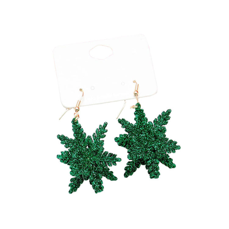Green Sparkle Snowflake Dangle Earrings, beautifully crafted design adds a gorgeous glow to any outfit with Christmas theme. Get into the Christmas spirit with our gorgeous Christmas Snowflake dangle earrings with perfect style. Bright snowflake design with different colors and pattern will make the perfect choice to your Christmas costumes. Ideal gift for you loved ones, girlfriend, wife, daughter, sisters, etc. Share joy and beauty with your family on Christmas.