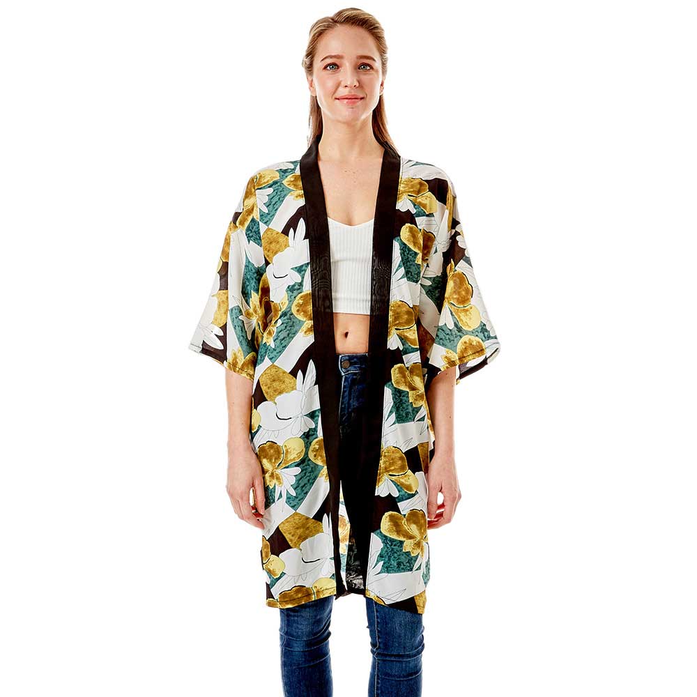 Green Tropical Printed Half Sleeves Cover Up Kimono Poncho, on trend & fabulous, a luxe addition to any weather ensemble. The perfect accessory, luxurious, trendy, super soft chic capelet, keeps you warm and toasty. You can throw it on over so many pieces elevating any casual outfit! Perfect Gift for Wife, Mom, Birthday, Holiday, Anniversary, Fun Night Out.