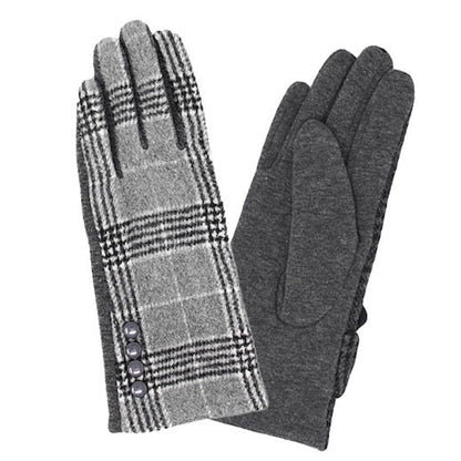 Grey Button Detailed Plaid Check Accent Warm Winter Smart Touch Tech Gloves, gives your look so much eye-catching texture w cool design, a cozy feel, fashionable, attractive, cute looking in winter season, these warm accessories allow you to use your phones. Perfect Birthday Gift, Valentine's Day Gift, Anniversary Gift, Just Because Gift