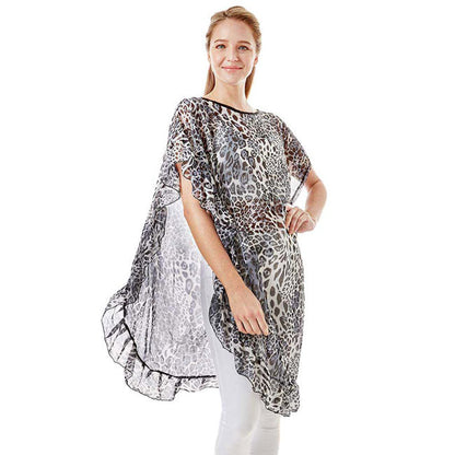 Grey Leopard Half Ruffled Cover up Poncho. This timeless Poncho is Soft, Lightweight and Breathable Fabric, Comfortable to Wear. Sophisticated, flattering and cozy, this Poncho drapes beautifully for a relaxed, pulled-together look. Suitable for Weekend, Work, Holiday, Beach, Party, Club, Night, Evening, Date, Casual and Other Occasions in Spring, Summer and Autumn.