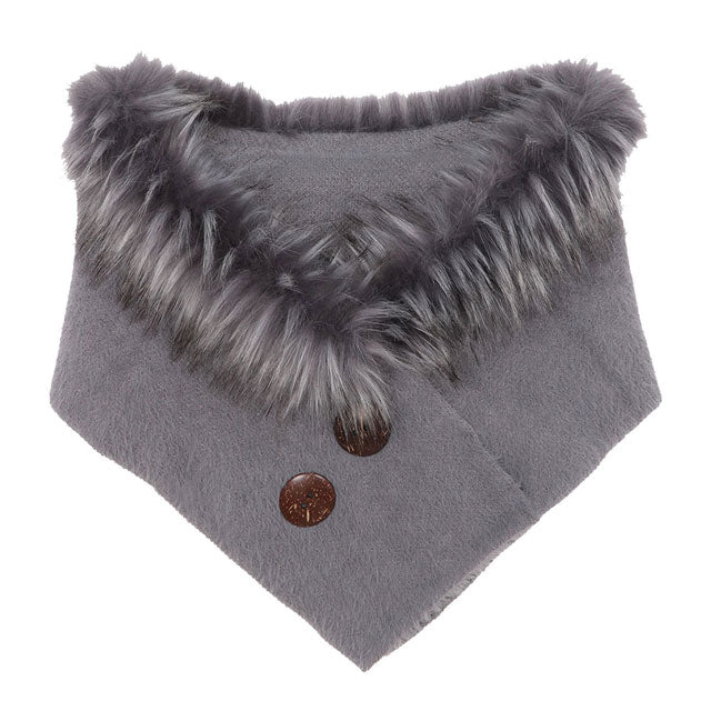 Grey Romy Soft Warm Faux Fur Collar Scarf Double Button Detail Scarf Scarf Faux Fur Shrug, warm cozy over the shoulder scarf, plushy addition to any cold-weather ensemble, adds a modern touch to the cozy style with a furry faux fur accent. Put over jacket, jazz up your look. Perfect Gift Birthday, Christmas, Holiday, Anniversary, Loved One