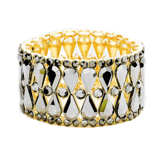Hematite Gold Teardrop Glass Stone Cluster Evening Stretch Bracelet; Look as regal on the outside as you feel on the inside, feel absolutely flawless. Fabulous fashion and sleek style adds a pop of pretty color to your attire, coordinate with any ensemble from business casual to everyday wear