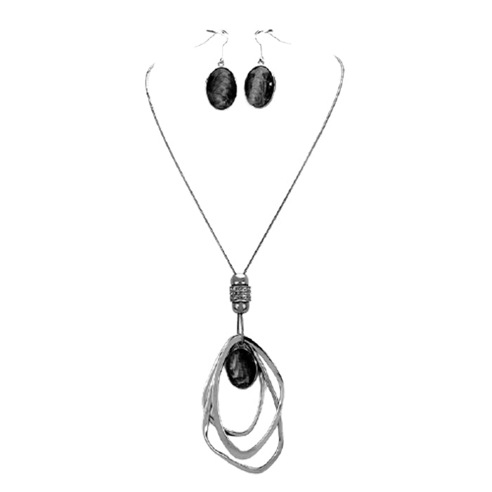 Hematite Oval Glass Crystal Triple Abstract Hoop Necklace with earrings set; exquisite beautifully crafted charms add a gorgeous glow to any outfit. Perfect Birthday Gift, Anniversary Gift, Mother's Day Gift, Anniversary Gift, Graduation Gift, Prom Jewelry, Just Because Gift, Thank you Gift, Keepsake Gift, Mom Gift