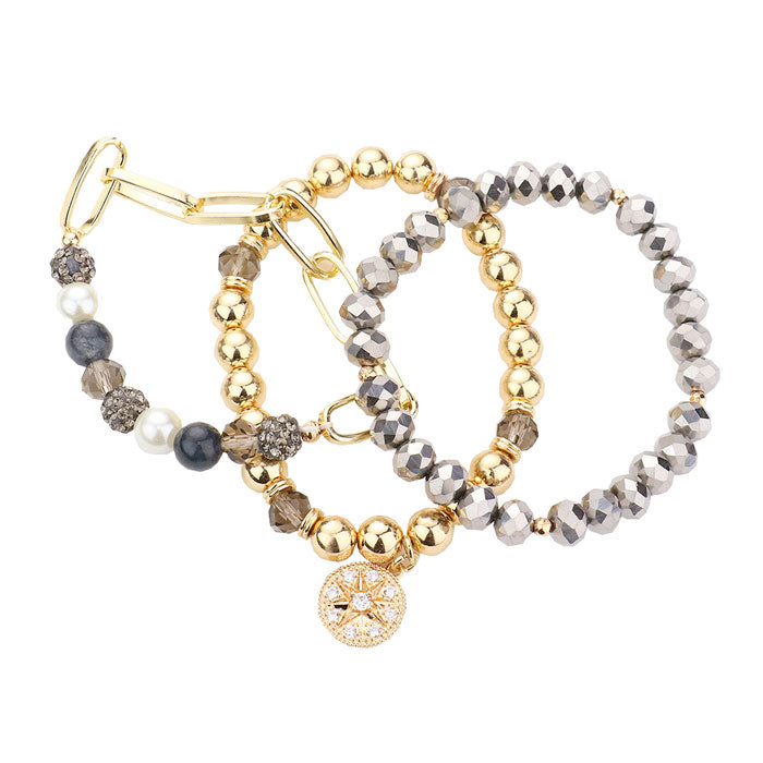 Hematite  Three PCS - Stone Embellished North Star Charm Multi Beaded Stretch Bracelets, Get ready with these Stretch Evening Bracelet, put on a pop of color to complete your ensemble. Perfect for adding just the right amount of shimmer & shine . Perfect Birthday Gift, Anniversary Gift, Mother's Day Gift, Graduation Gift.