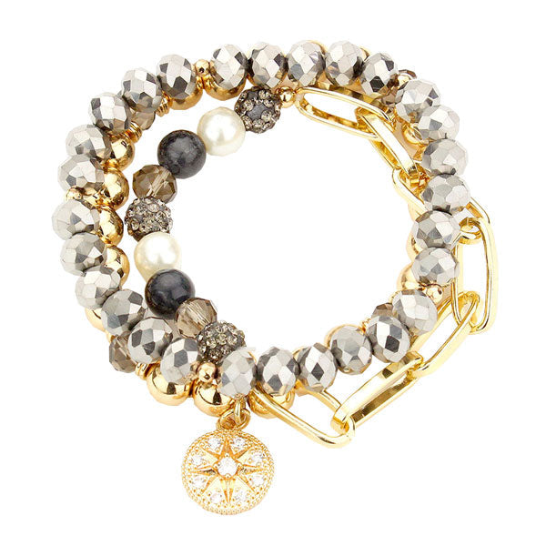 Hematite  Three PCS - Stone Embellished North Star Charm Multi Beaded Stretch Bracelets, Get ready with these Stretch Evening Bracelet, put on a pop of color to complete your ensemble. Perfect for adding just the right amount of shimmer & shine . Perfect Birthday Gift, Anniversary Gift, Mother's Day Gift, Graduation Gift.