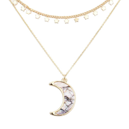 Howlite Metal Star Station Druzy Crescent Moon Pendant Double Layered Necklace. Beautifully crafted design adds a gorgeous glow to any outfit. Jewelry that fits your lifestyle! Perfect Birthday Gift, Anniversary Gift, Mother's Day Gift, Anniversary Gift, Graduation Gift, Prom Jewelry, Just Because Gift, Thank you Gift.