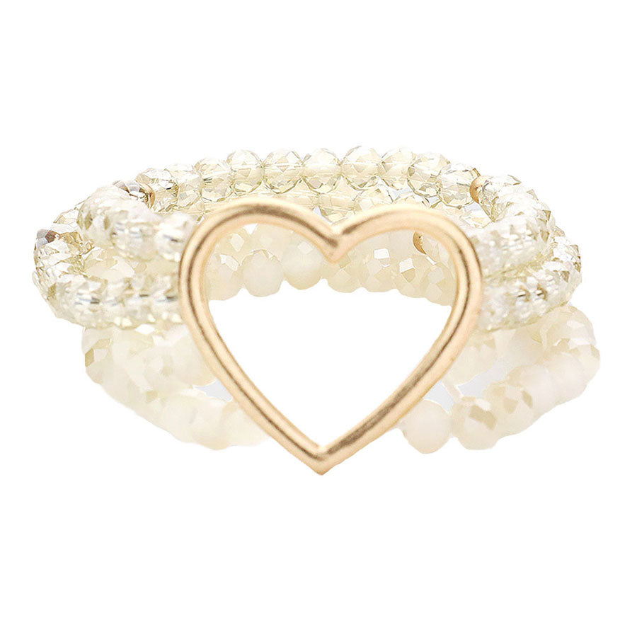 Ivory Open Metal Heart Accented Multi Layered Faceted Beaded Stretch Bracelet. Beautifully crafted design adds a gorgeous glow to any outfit. Jewelry that fits your lifestyle! Perfect Birthday Gift, Anniversary Gift, Mother's Day Gift, Anniversary Gift, Graduation Gift, Prom Jewelry, Just Because Gift, Thank you Gift.