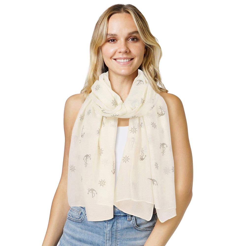 Ivory Anchor Patterned Scarf, your neck deserves something better than cheap fabrics.  This lightweight patterned scarf features an anchor-patterned design. It's a design that gives any outfit a unique look. Can even be used as a beach bathing suit wrap. you will receive a lot of compliments on it. Excellent quality and perfect size you will absolutely love this scarf. Attending a party, meeting family, traveling, or at work.