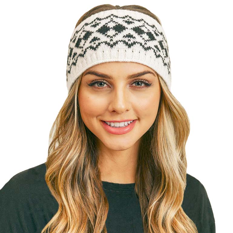 Ivory Aztec Pattern Ear Warmer Headband, Ear Warmer Headband with a beautiful Aztec Pattern can be worn centered or to the side for your comfort. It will shield your ears from cold winter weather ensuring all-day comfort and warmth. The headband is soft, comfortable, and warm adding a touch of classy style to your look. Show off your trendsetting style when you wear this ear warmer and be protected in the cold winter winds. Stay trendy and cozy.