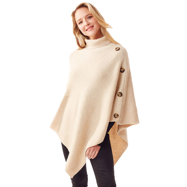 Button Pointed Solid Turtle Neck Poncho