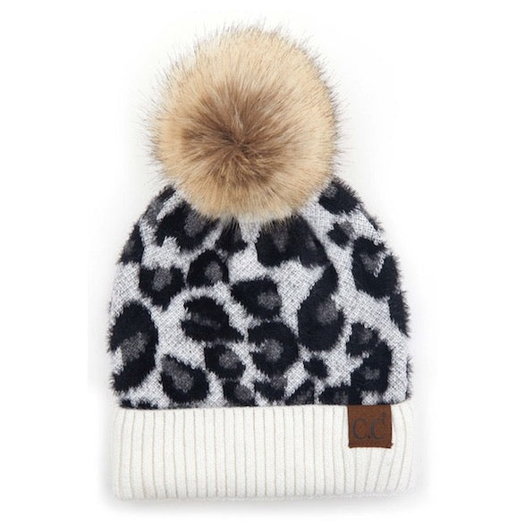 Ivory C.C Leopard Patterned Plush Faux Fur Pom Pom Warm Winter Beanie Hat; reach for this classic toasty hat to keep you nice n warm in the chilly winter weather, the wintry touch finish to your outfit. Perfect Gift Birthday, Christmas, Holiday, Anniversary, Stocking Stuffer, Secret Santa, Valentine's Day, Loved One, BFF