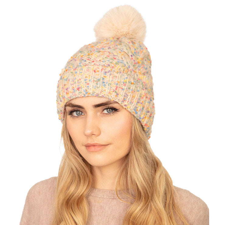 Ivory Confetti Cable Knit Pom Pom Beanie Warm Winter Hat; before running out the door into the cool air, you’ll want to reach for this toasty beanie to keep you incredibly warm. Accessorize the fun way with this faux fur pom pom hat, it's the autumnal touch you need to finish your outfit in style. Awesome winter gift accessory! Perfect Gift Birthday, Christmas, Stocking Stuffer, Secret Santa, Holiday, Anniversary, Valentine's Day, Loved One