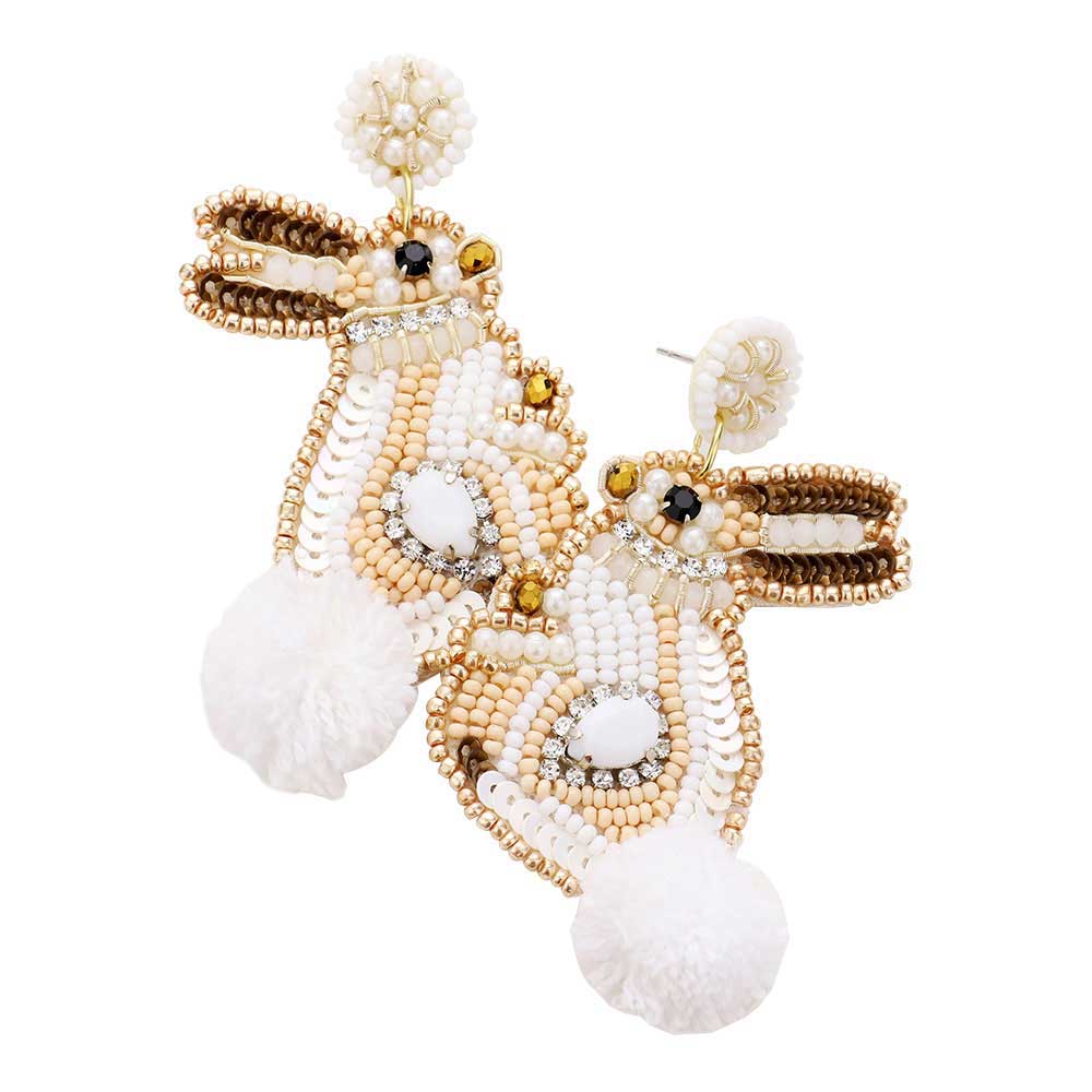 Ivory Felt Back Pom Pom Point Sequin Beaded Easter Bunny Earrings, perfect for the festive season, embrace the Easter spirit with these earrings, these adorable dainty gift earrings are bound to cause a smile or two. Surprise your loved ones on this Easter Sunday occasion, great gift idea for Wife, Mom, or your Loving One.