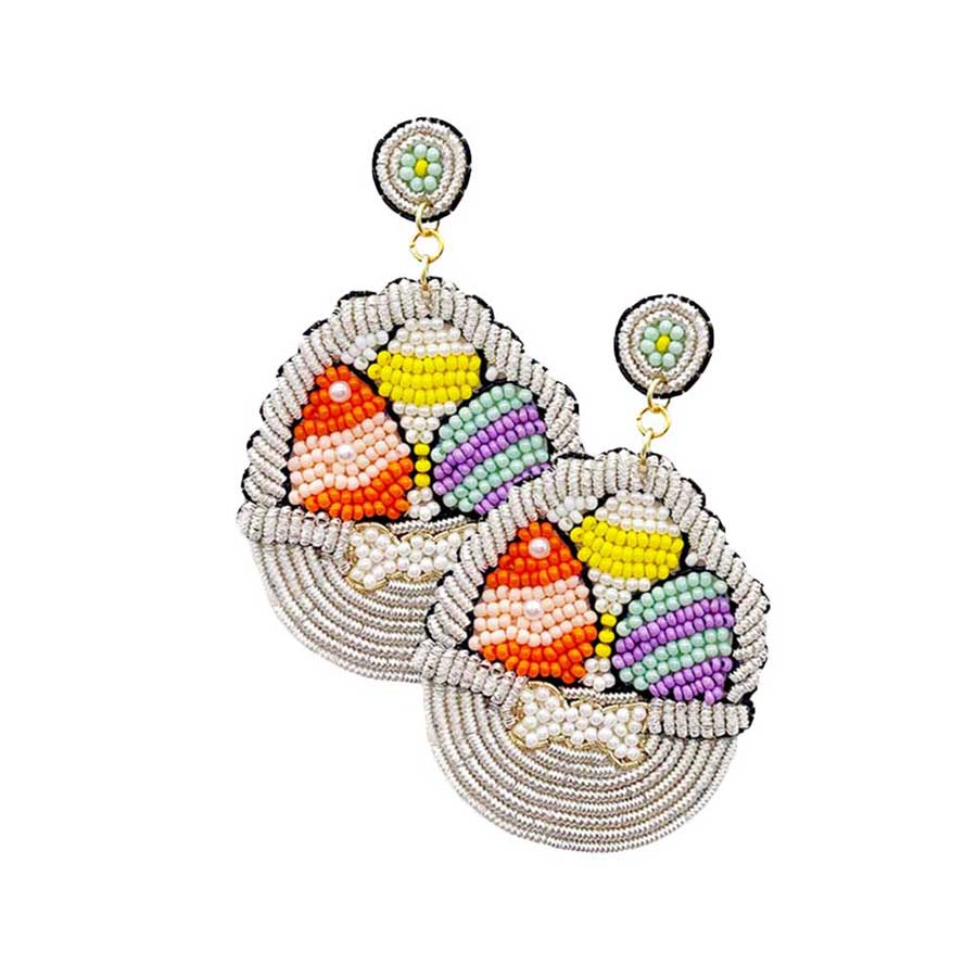 Felt Back Seed Beaded Easter Egg Basket Dangle Earrings