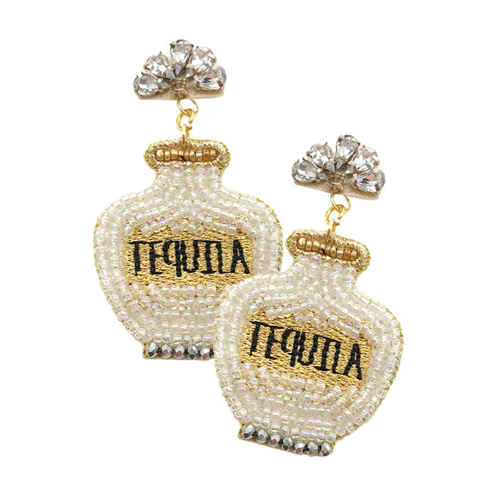 Ivory Felt Back Seed Beaded Tequila Dangle Earrings. These fashionable trendy tequila bottle earrings  are suitable for every girl!  Beautifully crafted earrings that dangle on your earlobes with a perfect glow to make you stand out and show your unique and beautiful look everywhere, every time. Put on a pop of color to complete your ensemble in a gorgeous way. 