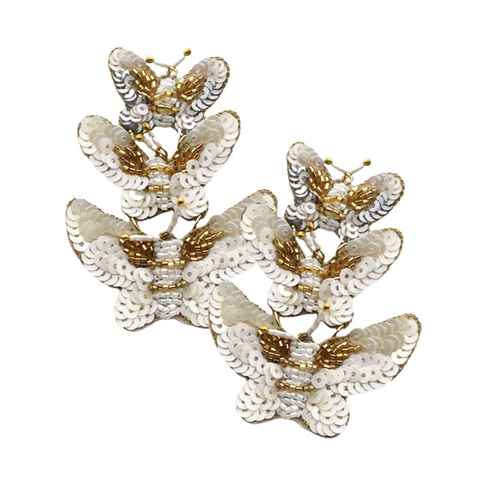 Ivory Felt Back Sequin Triple Butterfly Link Dangle Earrings, These adorable sequin details butterfly link dangle earrings are bound to cause a smile. You will absolutely love these butterfly dangle earrings! They are exactly what you were looking for; This jewelry is just the right accessory to finish off any outfit. Whether for dating, parties, weddings, and daily wear, it naturally goes with any outfit