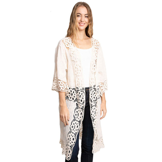 Ivory Floral Lace Trimmed Cover Up Kimono Poncho, Floral Patterned Lace Cover Up Kimono Poncho, will amp up your beauty & confidence and make you stand out with its eye-catchy design. Excellent gift for wife, mom, or the persons you love and care for their birthday, holiday, anniversary, fun night out, etc.
