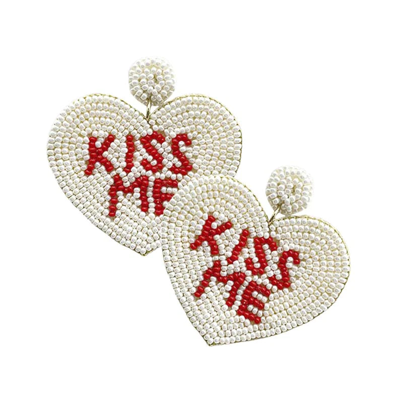 Ivory Kiss Me Message Felt Back Seed Beaded Heart Dangle Earrings, Take your love for accessorizing to a new level of affection with these seed-beaded heart dangle earrings. Wear these lovely earrings to make you stand out from the crowd & show your trendy choice this valentine. The fashion jewelry offers a classy look for a romantic day & night out on the town & makes a thoughtful gift for Valentine's Day.