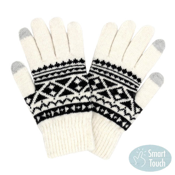 Ivory Knit Aztec Smart Gloves, ensure you keep warm and toasty in a fashionable way in winter and on cold days. Perfect to complete your trendy outfit. It's perfect to use your electronic devices and touchscreens with ease while keeping your fingers covered, and swiping away! A pair of these gloves are a cool gift this winter for your family, friends, anyone you love, and even yourself. Enjoy the winter in a cool way!