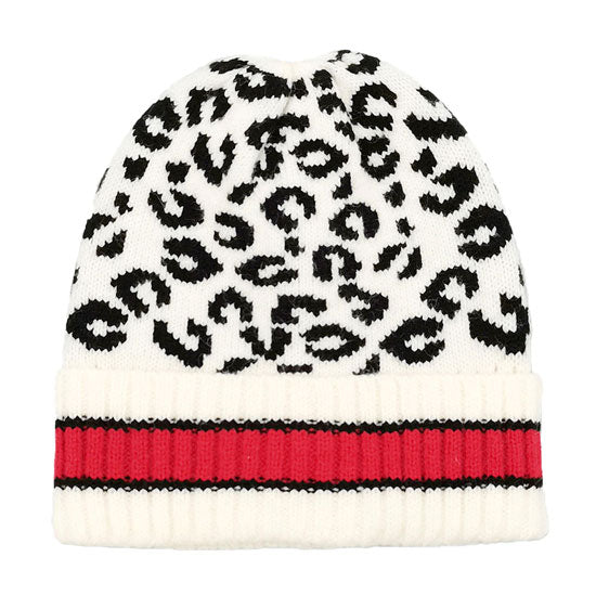 Ivory Leopard Patterned Striped Cuff Knit Beanie Hat, Before running out the door into the cool air, you’ll want to reach for these toasty beanie to keep your hands incredibly warm. Accessorize the fun way with these beanie, it's the autumnal touch you need to finish your outfit in style. Awesome winter gift accessory!