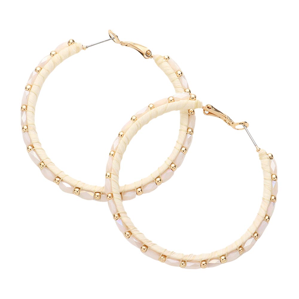 Ivory Metal Ball Rectangle Bead Trimmed Raffia Hoop Earrings, enhance your attire with these beautiful raffia earrings to show off your fun trendsetting style. Get a pair as a gift to express your love for any woman person or for just for you on birthdays, Mother’s Day, Anniversary, Holiday, Christmas, Parties, etc.
