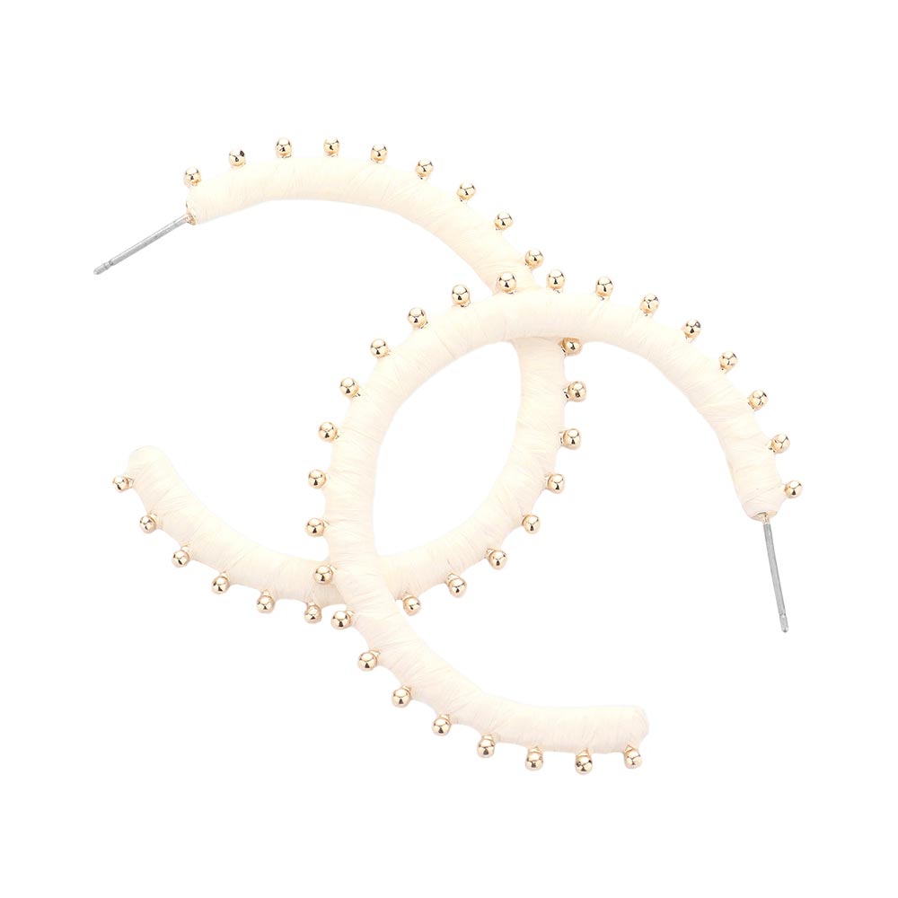 Ivory Metal Ball Trimmed Raffia Wrapped Hoop Earrings, enhance your attire with these beautiful raffia earrings to show off your fun trendsetting style. Get a pair as a gift to express your love for any woman person or for just for you on birthdays, Mother‚Äö√Ñ√¥s Day, Anniversary, Holiday, Christmas, Parties, etc.