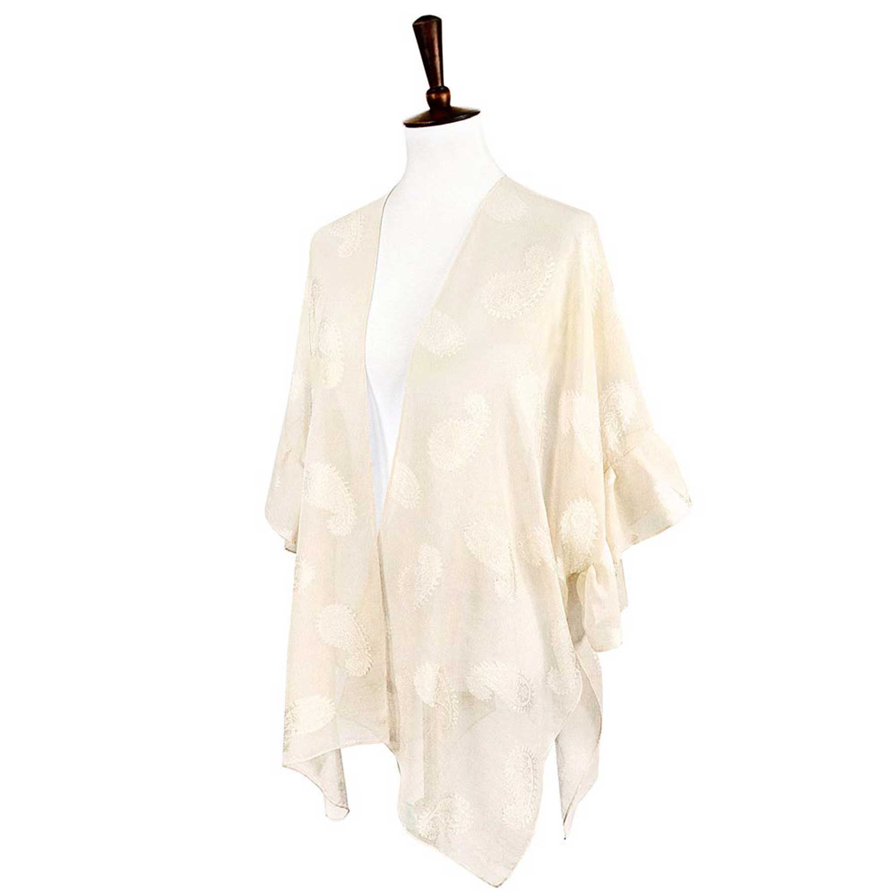 Ivory Paisley Patterned Sheer Ruffle Sleeves Cover Up Kimono Poncho, The lightweight Kimono poncho top is made of soft and breathable Polyester material. short sleeve swimsuit cover up with open front design, simple basic style, easy to put on and down. Perfect Gift for Wife, Mom, Birthday, Holiday, Anniversary, Fun Night O