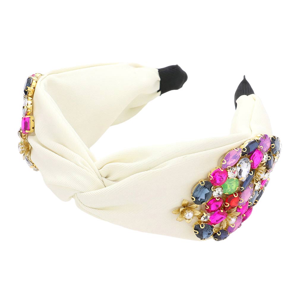 Ivory Pearl Centered Flower Multi Stone Twisted Headband, the combination of stone sewn on an oversized headband will make you feel glamorous. Be ready to receive compliments. Be the ultimate trendsetter wearing this chic headband with all your stylish outfits!