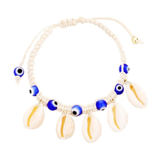 Ivory Puka Shell Evil Eye Cord Braid Adjustable Bracelet; Evil Eye believed to ward off bad energy & bring good luck, bring good fortune and happiness while keeping you fashionable, beautiful Puka Shell bracelet to match your style. Perfect Birthday Gift, Anniversary Gift, Mother's Day Gift, Graduation, Bridesmaid Keepsake