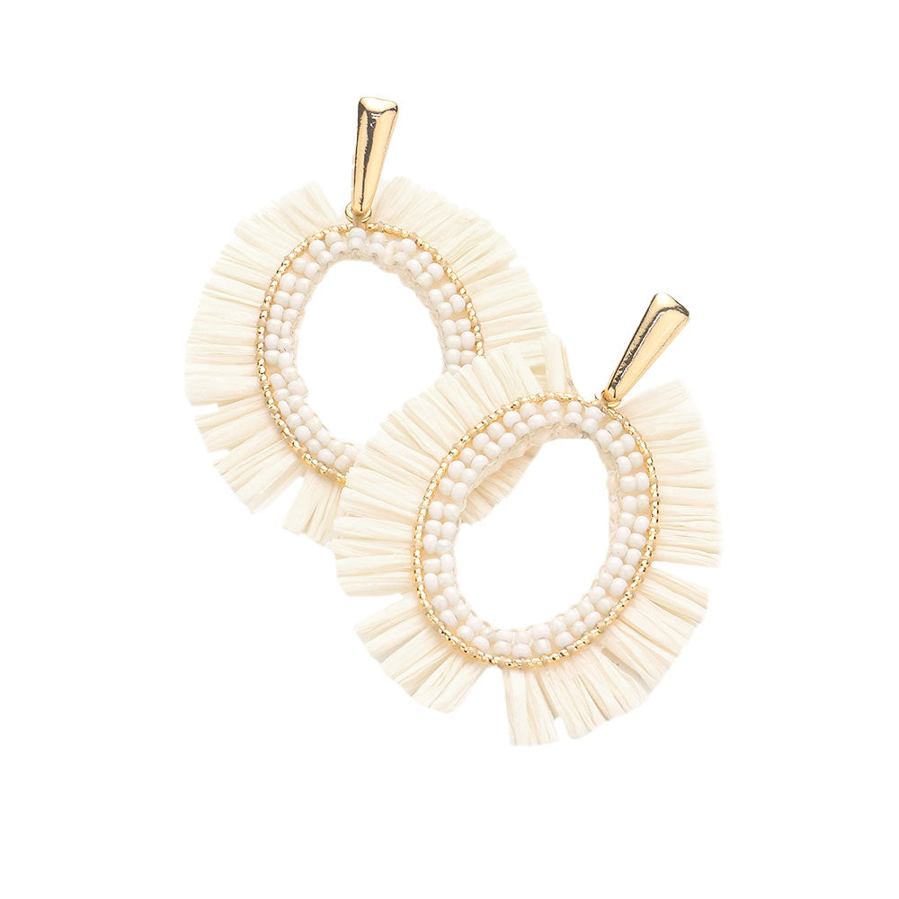Ivory Raffia Trimmed Open Oval Dangle Earrings, enhance your attire with these beautiful open oval dangle earrings to show off your fun trendsetting style. Can be worn with any daily wear such as shirts, dresses, T-shirts, etc. These raffia dangle earrings will garner compliments all day long. Whether day or night, on vacation, or on a date, whether you're wearing a dress or a coat, these earrings will make you look more glamorous and beautiful.