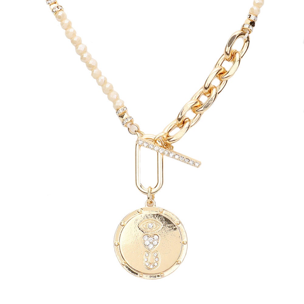 Ivory Rhinestone Evil Eye Heart Horseshoe Accented Metal Round Pendant Faceted Beaded Necklace, Get ready with these Pendant Double Layered, put on a pop of color to complete your ensemble. Perfect for adding just the right amount of shimmer & shine. Perfect Birthday Gift, Anniversary Gift, Mother's Day Gift, Graduation Gift.