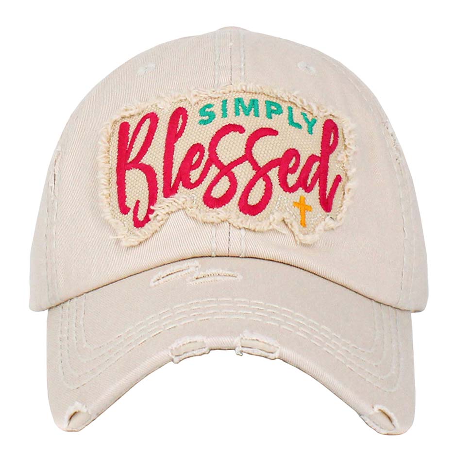 Ivory Simply Blessed Vintage Baseball Cap, A beautiful & cool religious-themed vintage cap that will not only save a bad hair day but also amps up your beauty to a greater extent. This Simply Blessed message embroidered baseball hat is made for you. It's fully adjustable and easy to wear in the perfect style! Perfect to keep your hair away from your face while exercising, running, playing tennis, or just taking a walk outside.