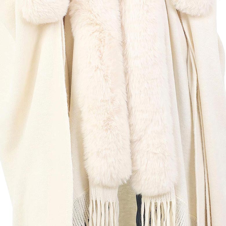 Ivory Solid Color Hoodie Winter Cape With Faux Fur Edge, is beautifully designed with solid color that amps up your beauty to a greater extent. It enriches your attire with perfect combination. Breathable Fabric, comfortable to wear, and very easy to put on and off. Suitable for Weekend, Work, Holiday, Beach, Party, Club, Night, Evening, Date, Casual and Other Occasions in Spring, Summer and Autumn.