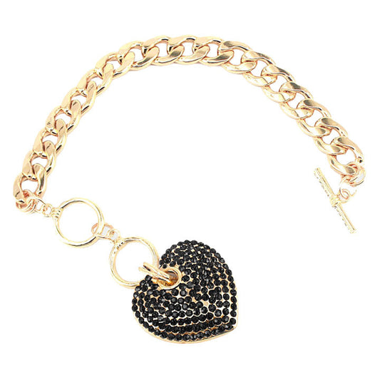 Jet Black Rhinestone Embellished Heart Charm Toggle Bracelet. Look like the ultimate fashionista with these bracelets! Add something special to your outfit this Valentine! special It will be your new favorite accessory. Perfect Birthday Gift, Anniversary Gift, Mother's Day Gift, Anniversary Gift, Graduation Gift, Prom Jewelry, Valentine's Day Gift, Thank you Gift.