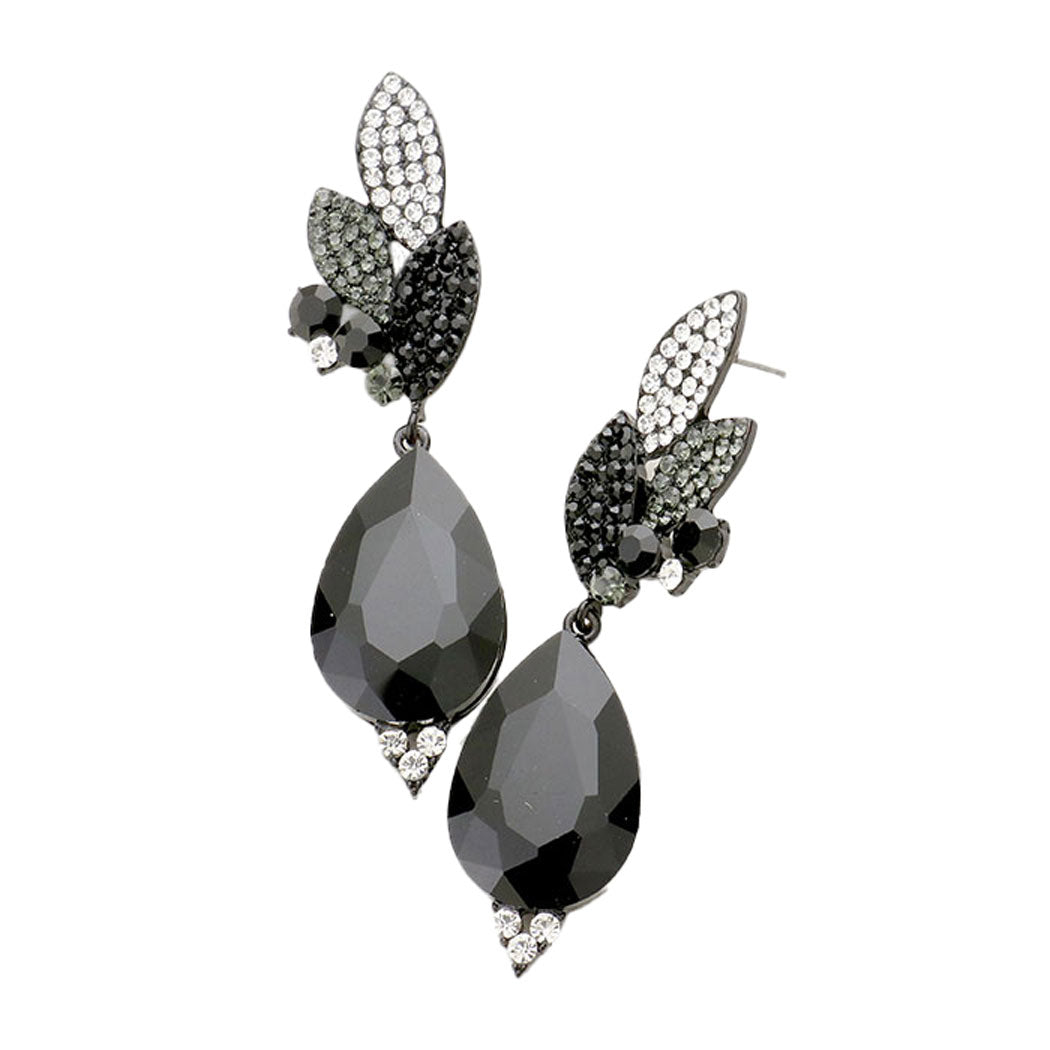 Jet Black Crystal Rhinestone Pave Leaf Teardrop Evening Earrings. Add a pop of color to your ensemble, just the right amount of shimmer & shine, touch of class, beauty and style to any special events. Perfect Birthday Gift, Anniversary Gift, Mother's Day Gift, Graduation Gift.