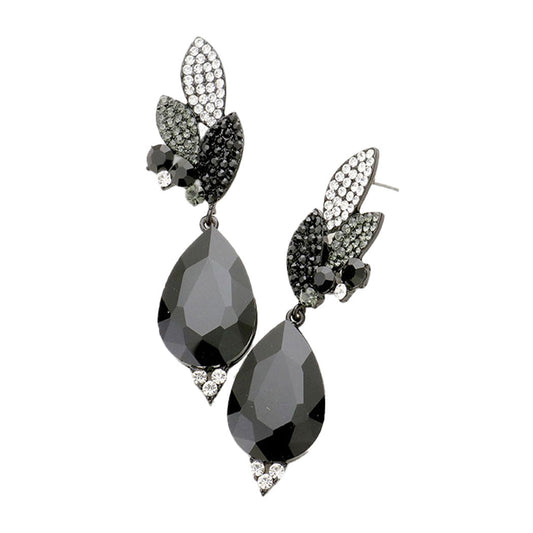 Jet Black Crystal Rhinestone Pave Leaf Teardrop Evening Earrings. Add a pop of color to your ensemble, just the right amount of shimmer & shine, touch of class, beauty and style to any special events. Perfect Birthday Gift, Anniversary Gift, Mother's Day Gift, Graduation Gift.